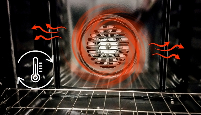 Interior of a convection oven with a rear fan circulating heated air and a temperature control icon, illustrating how air sous-vide works