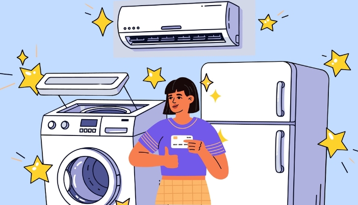 An illustrated woman with a credit card in front of appliance illustrations.