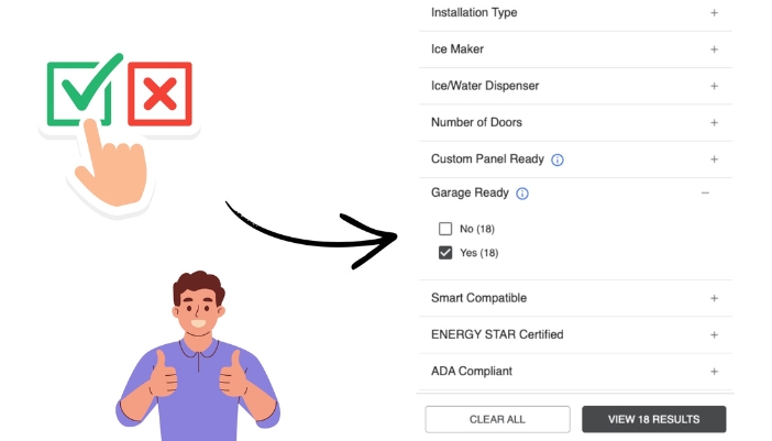 A graphic of someone choosing "garage ready" to search on a website.