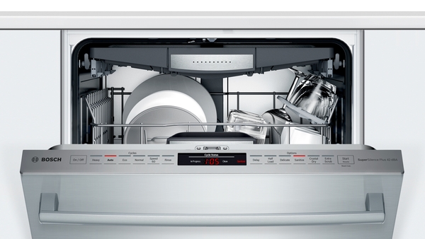 Bosch SHX878ZD5N dishwasher shown with door ajar 