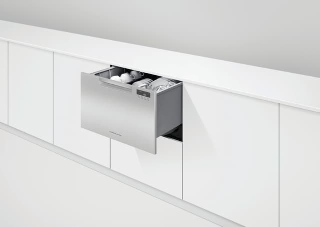 Front view of an opened Fisher and Paykel dishwasher drawer