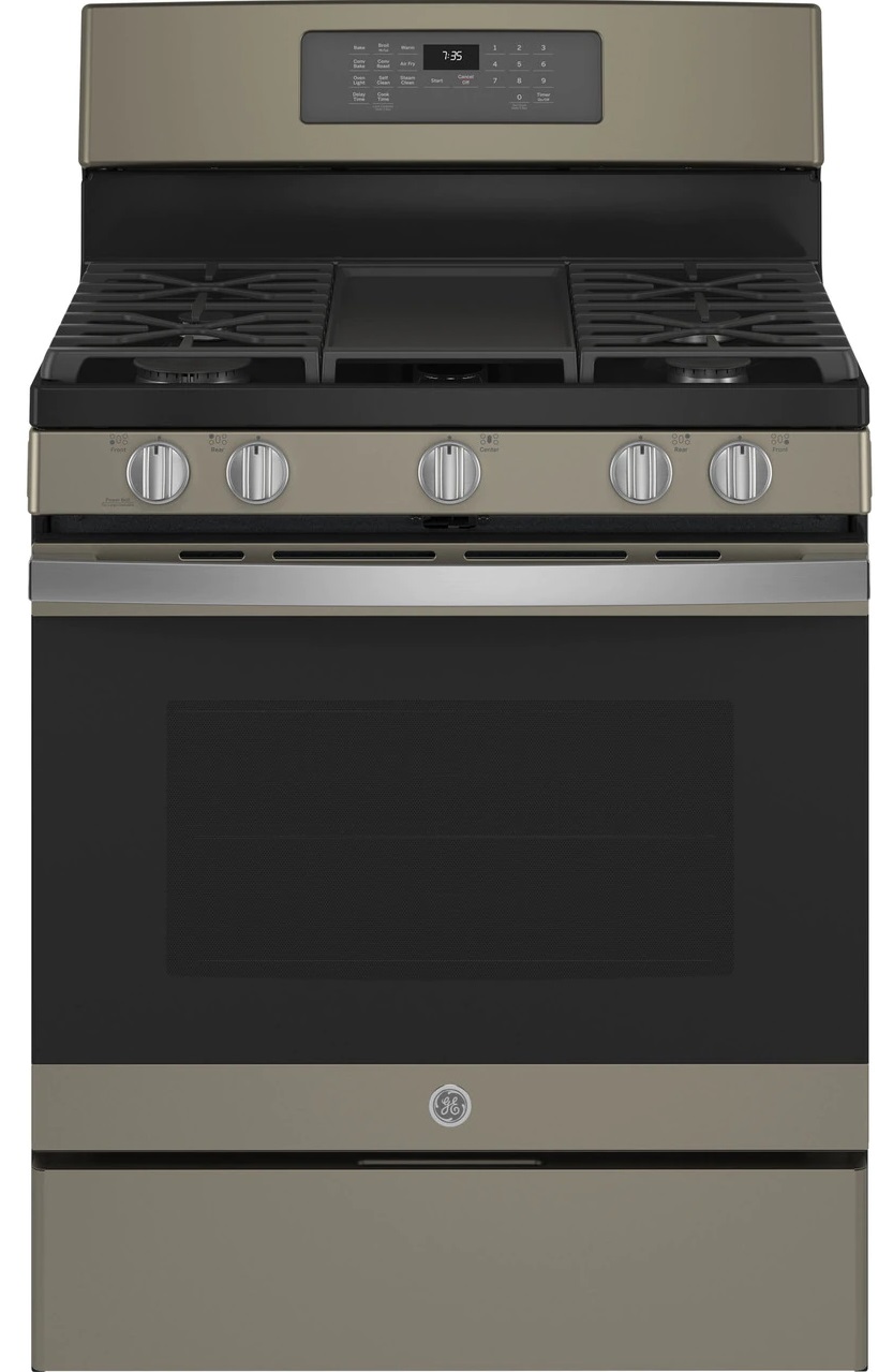 Credit: GE Front view of ge JGB735EPES gas range in slate finish