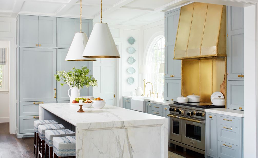 Wide shot of a Wolf 48” range in a kitchen designed by Matthew Quinn 