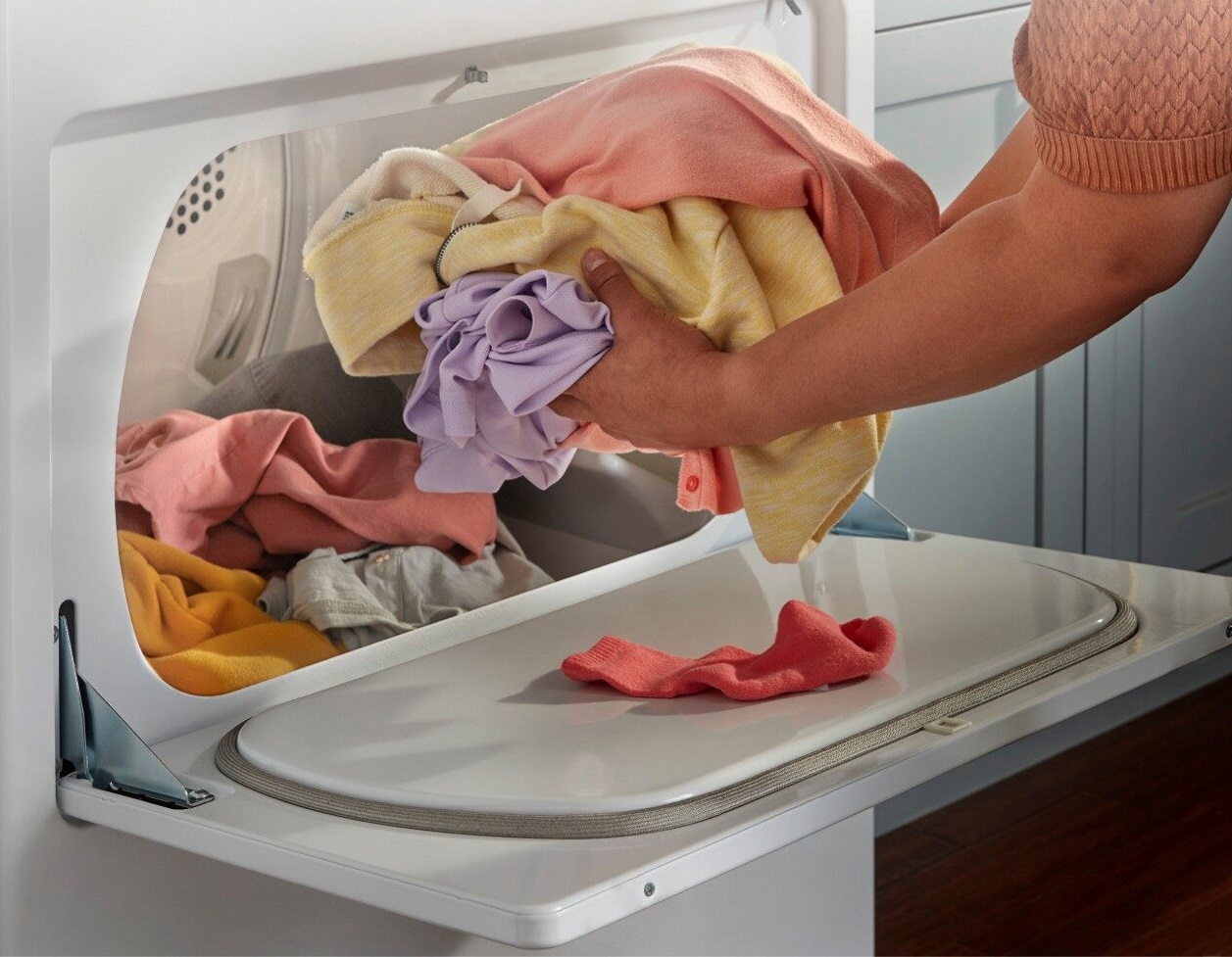 Closeup of hamper style dryer door on Whirlpool model
