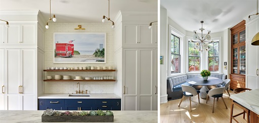 Side-by-side look at Filter Square kitchen cabinets and dining nook remodel by Kevin Rasmussen and Vivian Su
