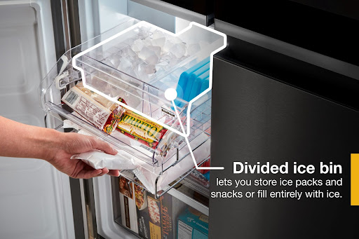 Up close look at someone using the divided ice bin inside the Whirlpool WRQA59CNKZ French door refrigerator freezer 