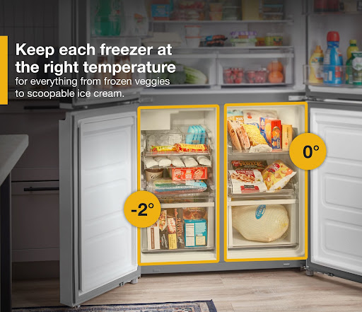 Whirlpool WRQA59CNKZ French door refrigerator freezer compartments shown open
