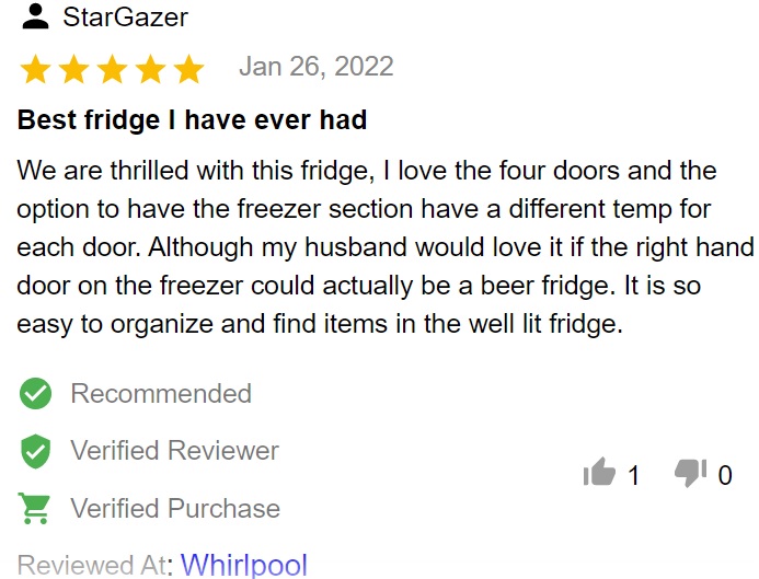 Buyer review of Whirlpool WRQA59CNKZ 36-inch 4-door French door refrigerator 