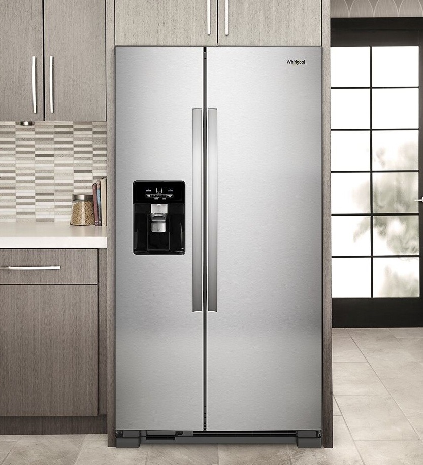 Closeup of Whirlpool WRS325SDHZ side by side refrigerator installed in kitchen 