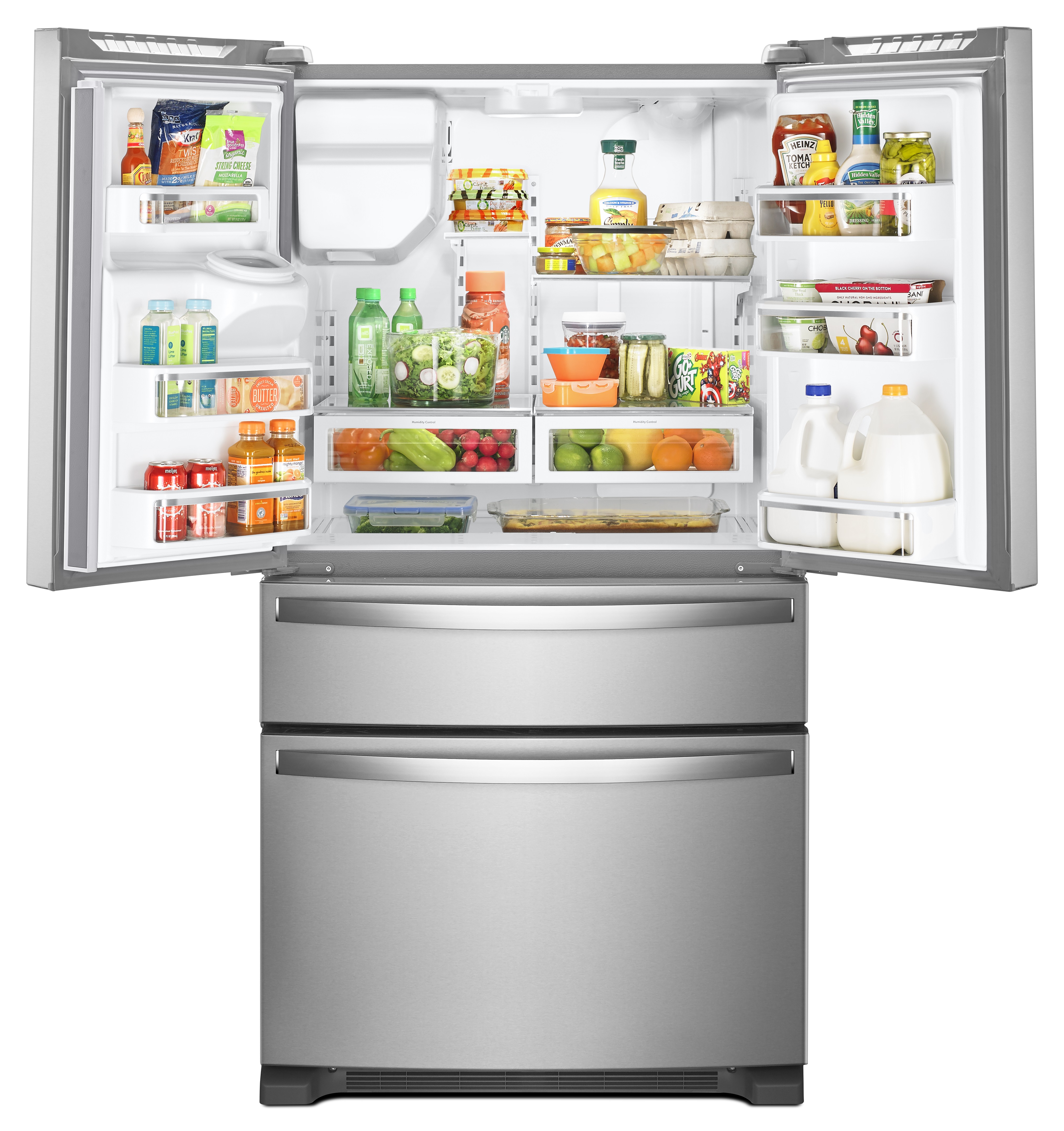 stocked whirlpool WRX735SDHZ french door refrigerator with doors open