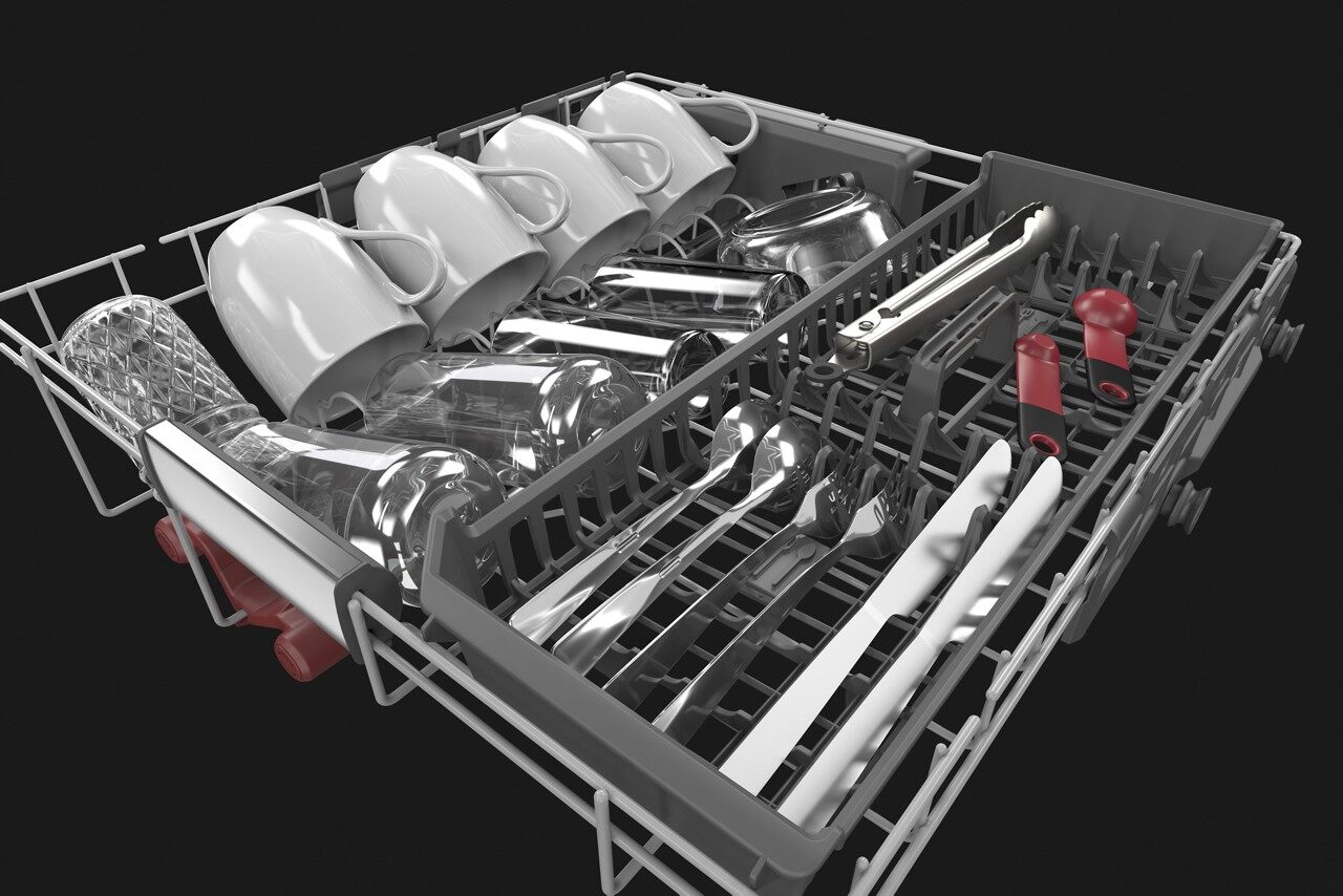 Isolated shot of KitchenAid KDTM404KPS dishwasher FreeFlex third rack