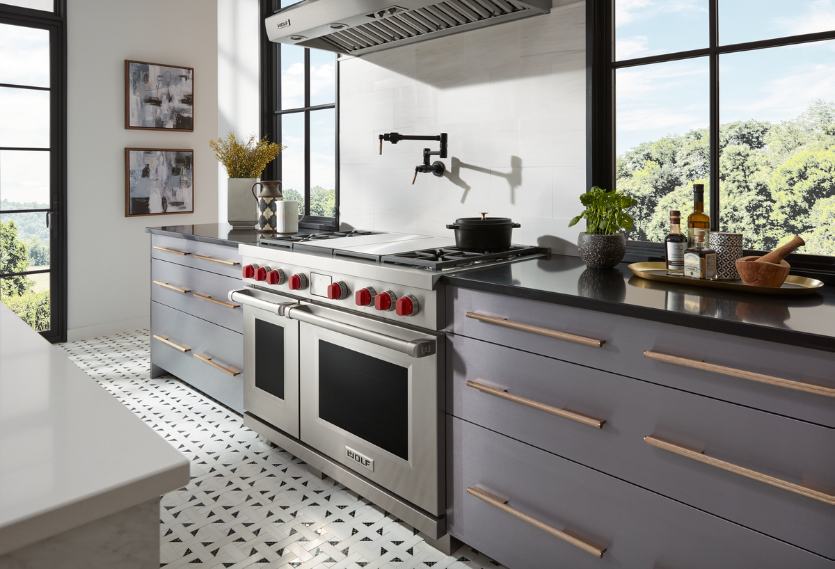 High-end kitchen featuring Wolf 48 inch pro-style range. 