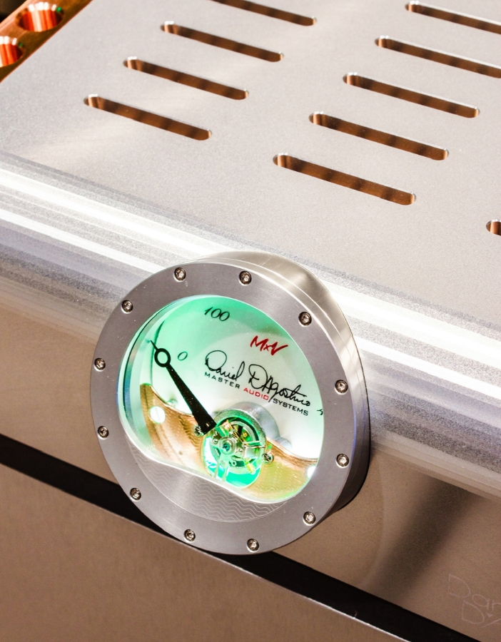 A close-up of a Dan Dagostino audio equipment