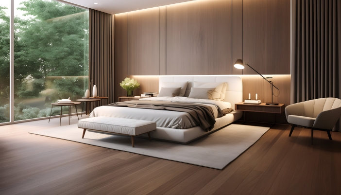 A neutral colored bedroom with modern lighting design.