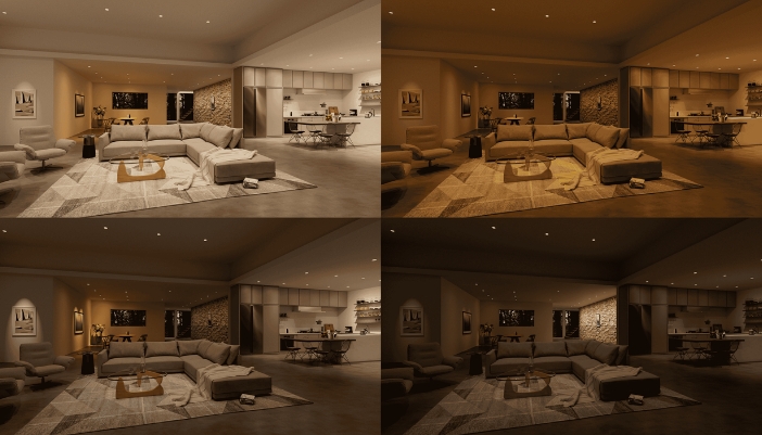 Four images of the same room in four different stages of lighting.