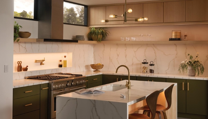 A modern luxury kitchen with green cabinetry.