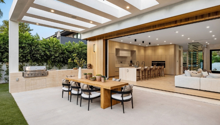 Covered patio with an outdoor dining table, built-in grill, and recessed ceiling lights opening into a modern kitchen and living room