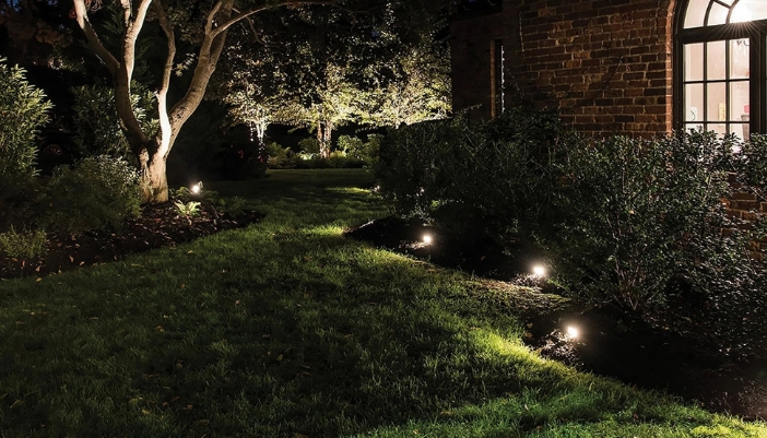 Uplit trees and low landscape lights illuminating a lawn and shrubs beside a brick home at night