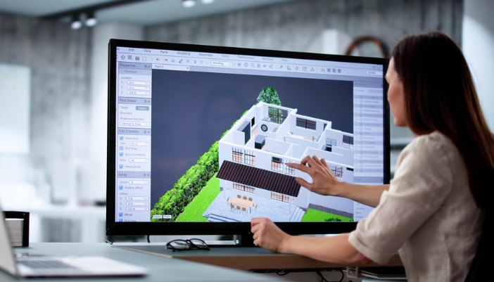 A female designer uses her computer to design a modern home interior.