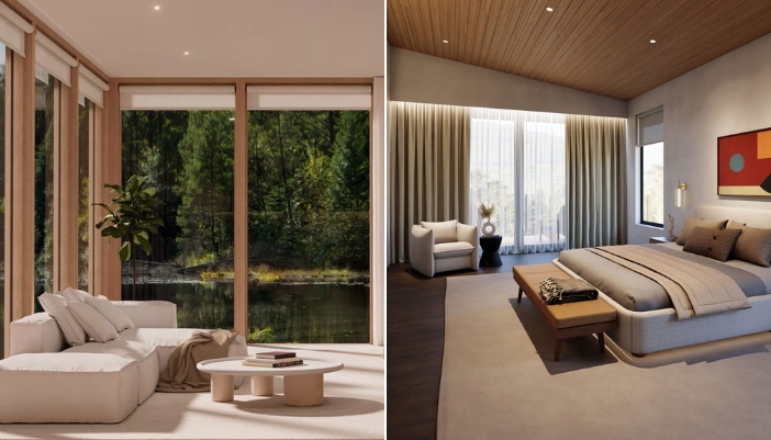 A side-by-side of two neutral colored rooms with different motorized shades.