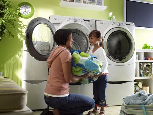 Washing Bed Sheets Mother and Daughter Cleaning Blankets