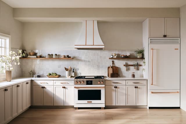 Front view of a modern kitchen with a white BlueStar range, range hood, and refrigerator