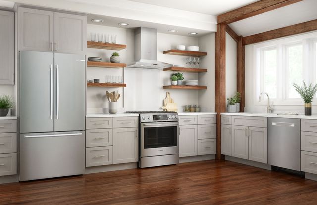 Front view of a modern kitchen with a Bosch kitchen appliance package.