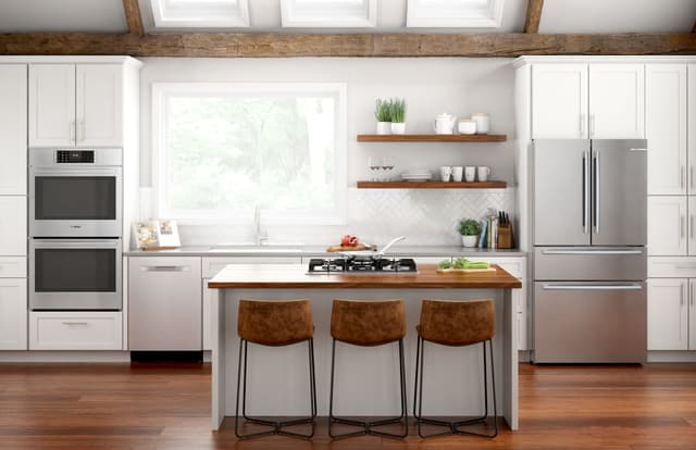 Front view of a modern kitchen with Bosch appliances Front view of a modern kitchen with Bosch appliances