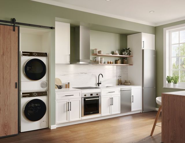 Credit: Bosch Front view of a modern kitchen with Bosch kitchen and laundry appliances