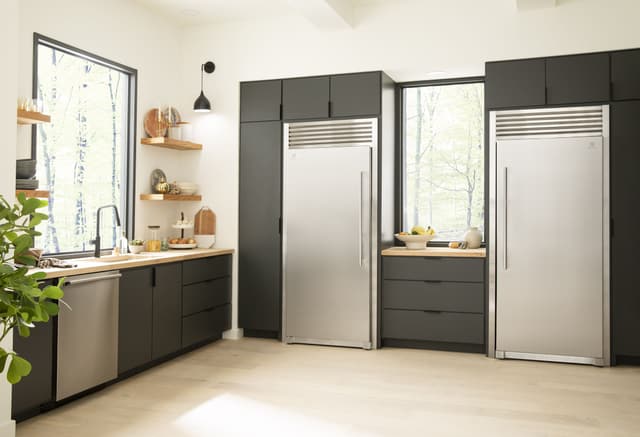 Front view of a modern kitchen with two Electrolux column refrigerators Front view of a modern kitchen with two Electrolux column refrigerators