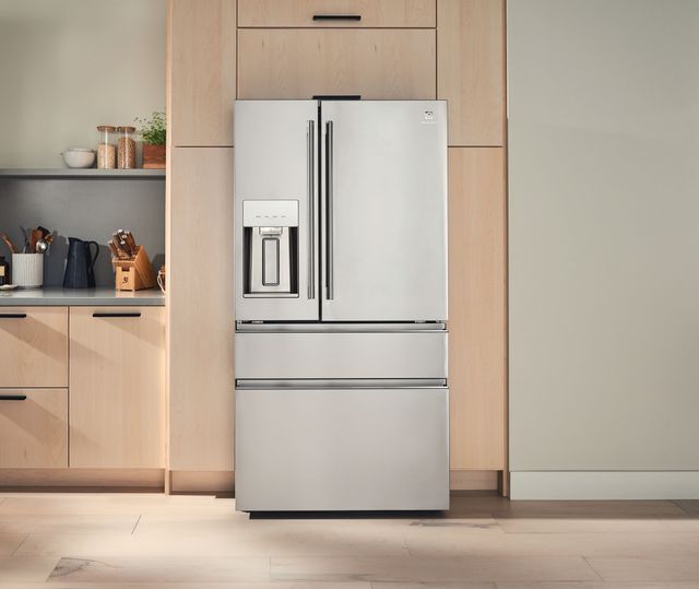 Credit: Electrolux Front view of a modern kitchen with an Electrolux stainless teel french door refrigerator with ice maker