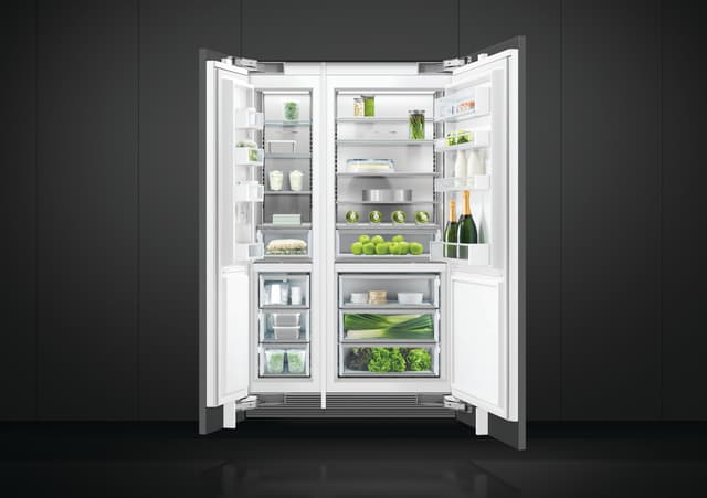 Credit: Fisher & Paykel Front view of an opened Fisher and Paykel refrigerator