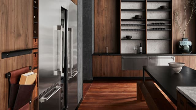 Close view of a modern kitchen with two Fisher and Paykel refrigerators