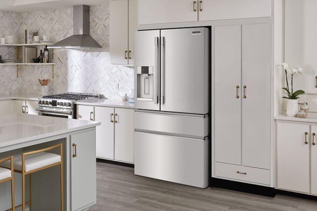 Credit: Frigidaire Front view of a modern kitchen with a stainless steel Frigidaire Professional french door refrigerator with ice maker