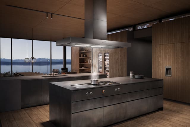 Front view of a luxury kitchen with luxury Gaggenau appliances Front view of a luxury kitchen with luxury Gaggenau appliances