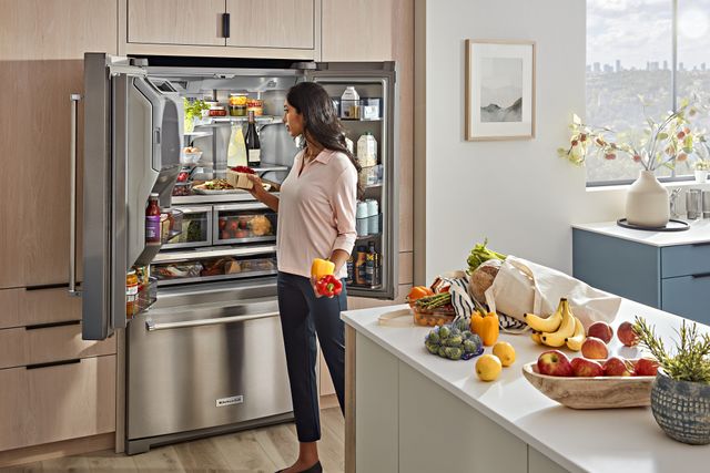 Internal view of a KitchenAid refrigerator showing high-quality components