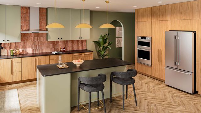 Credit: KitchenAid Front view of a modern kitchen with a built in wall oven microwave combo