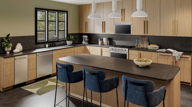 Front view of a modern kitchen with KitchenAid appliances Front view of a modern kitchen with KitchenAid appliances