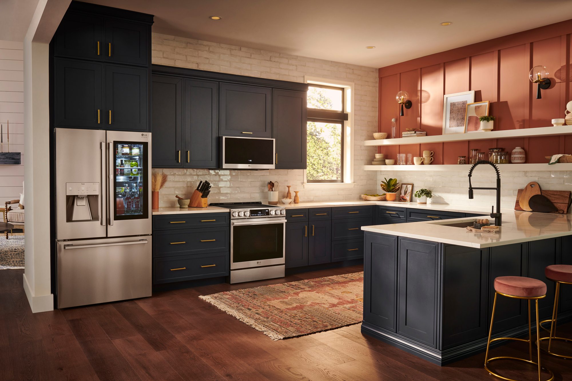 Close up view of an LG Studio freestanding kitchen suite showcasing design coordination