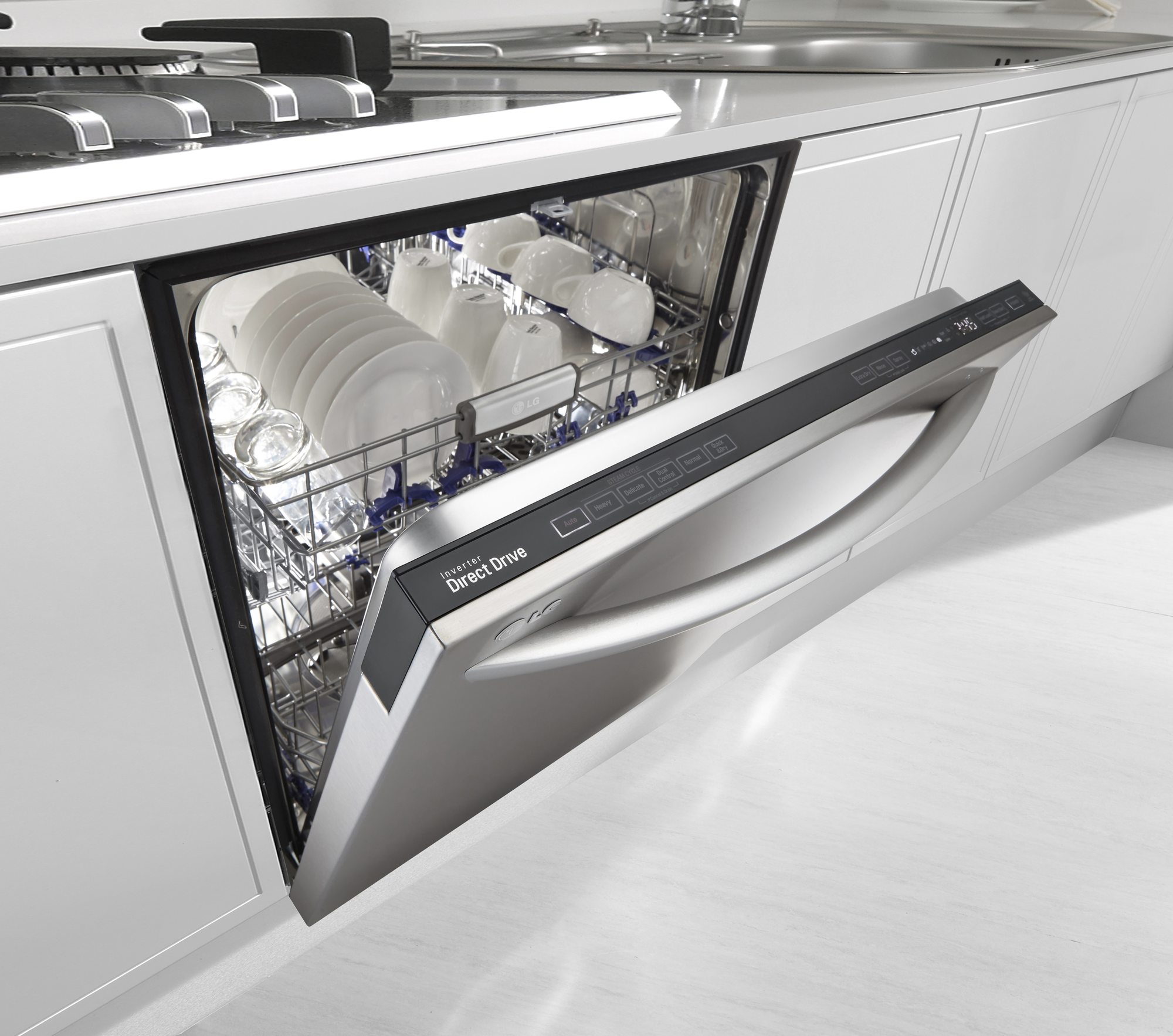 LG dishwasher loaded with dishes showing its cleaning power.
