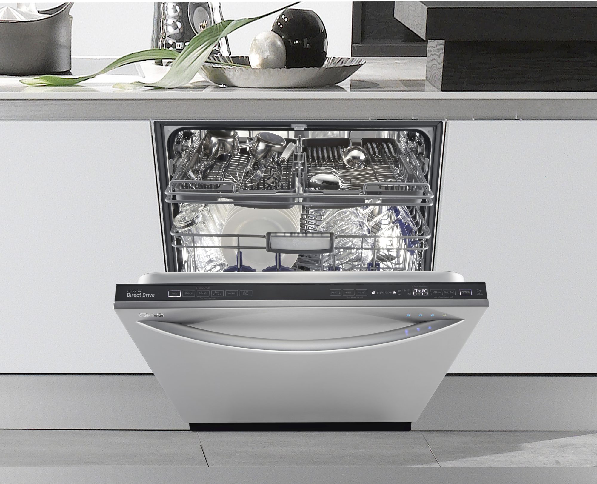 Open LG dishwasher showcasing its interior capacity and rack design.
