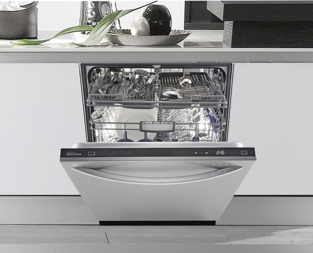 Credit: LG Front view of a slightly opened LG dishwasher in a white kitchen