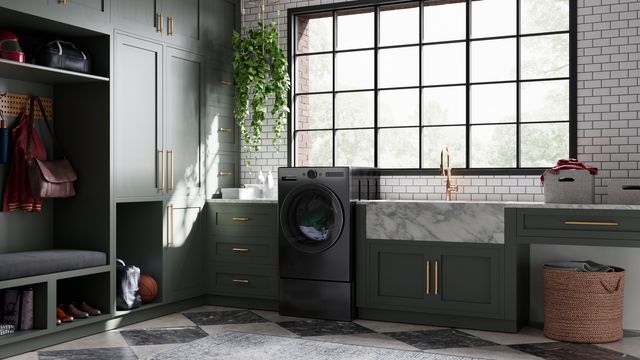 Front view of a modern laundry room with an LG washer dryer combo