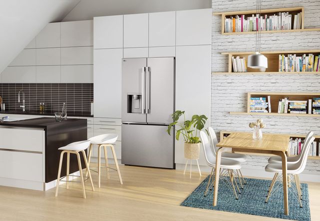 Credit: LG Front view of a modern kitchen with a stainless steel french door LG refrigerator with ice maker