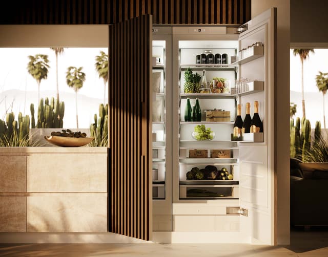 Credit: Monogram Front view of a luxury kitchen with a custom panel refrigerator