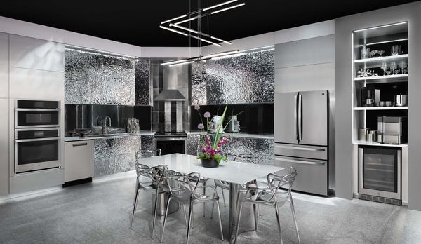 GE Profile refrigerator, oven and laundry pair