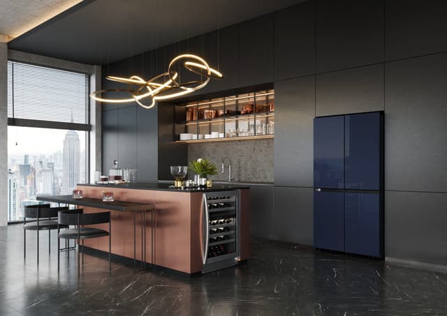 Front view of a luxury kitchen with a Samsung Bespoke smart refrigerator Front view of a luxury kitchen with a Samsung Bespoke smart refrigerator