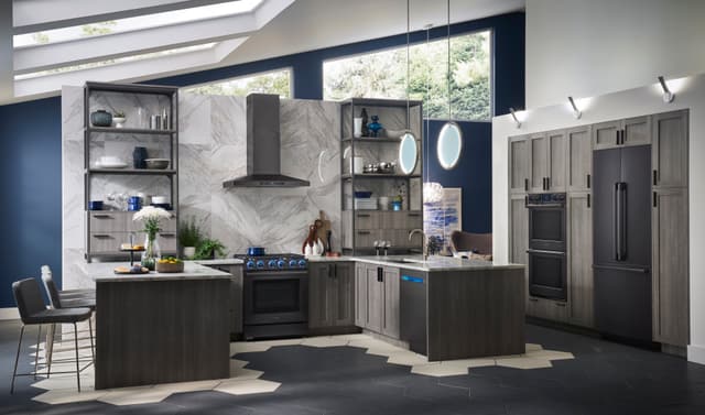 Front view of a modern kitchen with Samsung kitchen appliances