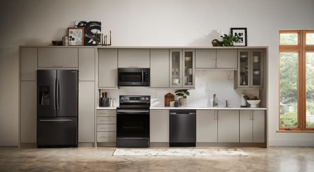 Front view of a modern kitchen with Samsung kitchen appliances