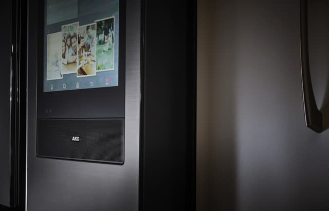 Close view of the speakers on a Samsung smart refrigerator Close view of the speakers on a Samsung smart refrigerator